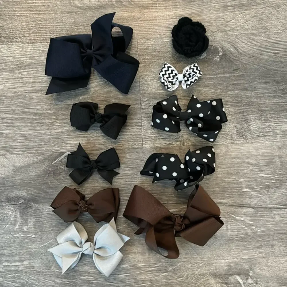 10 Navy, Black, Brown, Gray Girls' Grosgrain Ribbon Hair Bows